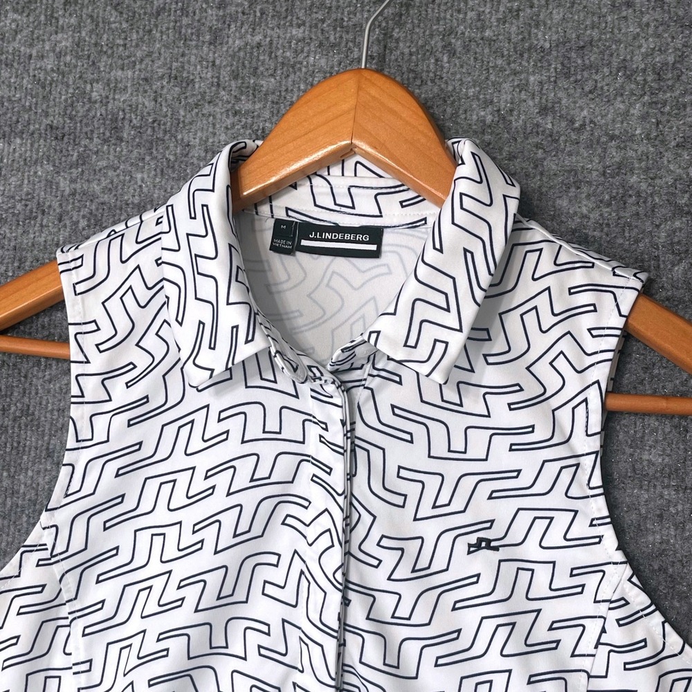J.Lindeberg Dena Print Sleeveless Golf Polo Top White Navy Blue Women's Medium